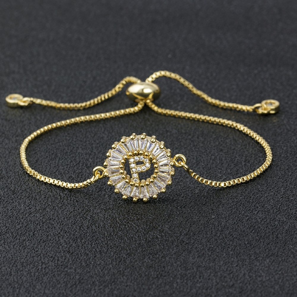 Initial P micro pave cubic zircon 18k gold plated letter charm bracelet
